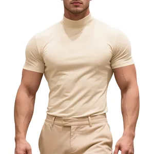 Premium men's slim fit mock neck short sleeve T-shirt in elegant beige for summer