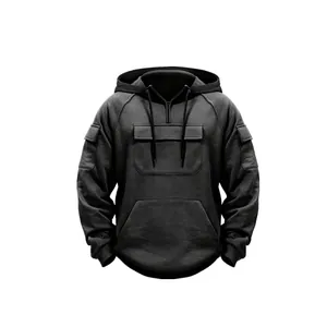 Detailed view of men's thermal hooded sweatshirt with multi-pocket and half-zip design