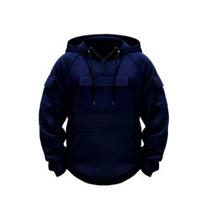 Front view of navy blue hooded sweatshirt with multi-pocket design and drawstrings