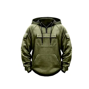Detailed view of olive green hooded sweatshirt with multi-pocket and half-zip design.