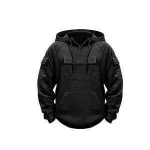 Front view detail of black tactical hoodie with multi-pocket design and drawstring hood