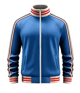 Blue men's stand-up collar sports jacket with red and white striped ribbing details