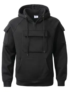 Front view of black multi-pocket hooded sweatshirt with quarter-zip and drawstrings