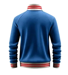 Back view of a blue sporty stand-up collar jacket with red and white striped trims