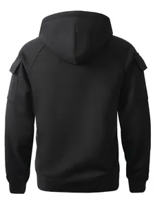 Back view of black solid color hooded sweatshirt with shoulder flap pockets