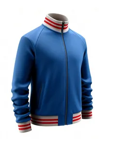 Detailed view of a blue athletic jacket with red striped ribbed cuffs and collar.