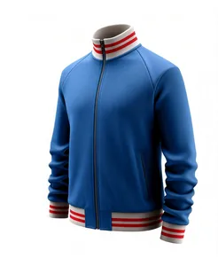 Detailed view of blue men's sports jacket featuring red and white striped ribbed trims