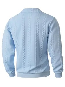 Back view of men's light blue cable knit long sleeve polo shirt with textured pattern design