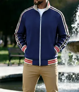 Men's navy casual sports jacket with stand collar featuring red and white striped details