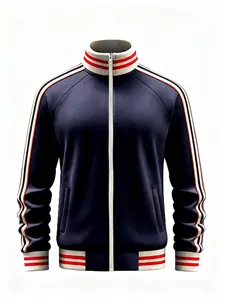 Close-up detail of navy blue men's sports track jacket with red and white striped trims