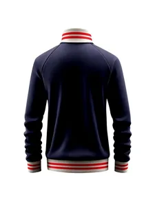 Back view of navy blue men's sporty jacket with red and white striped ribbed trim