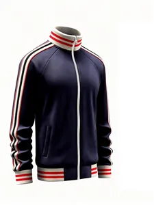 Detail view of navy sports jacket with red and white striped ribbed stand-up collar