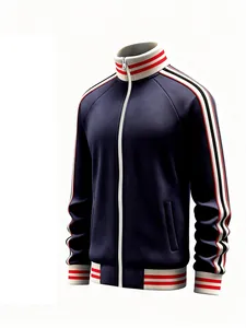 Macro view of navy blue track jacket with red and white striped ribbing