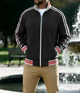 Men's black sports jacket with red and white striped ribbon trim details