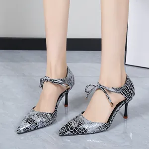 Elegant snake skin print pointed toe high heels with bow ankle strap for women