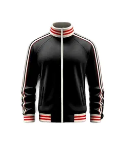 Front view of black men's sports jacket with red and white striped ribbon trim