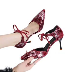Elegant red and black snake print stiletto sandals with bow ankle straps for women