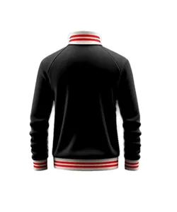Back view of men's casual black sports jacket with red white striped rib knit