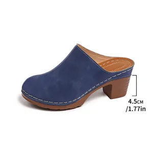 Navy blue closed-toe mule with 4.5cm chunky heel and white contrast stitching detail.