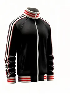Detailed view of a black men's sports jacket with red and white striped webbing accents.