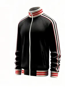 Close-up of a black men's sports track jacket with red and white sleeve stripes