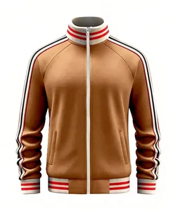 Men's casual stand collar track jacket featuring vintage stripe tape design detail.