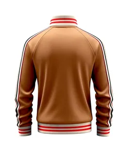 Detailed back view of a men's casual brown sports jacket with striped ribbed collar and cuffs