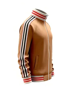 Detail of camel sports jacket featuring iconic red and black striped webbing sleeves.