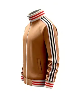 Detailed side view of camel men's track jacket with iconic striped stand collar and cuffs