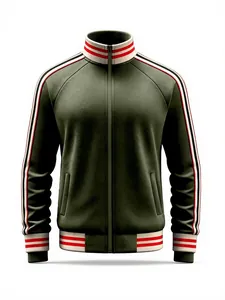 Men's army green sports track jacket featuring striped ribbon on sleeves and collar