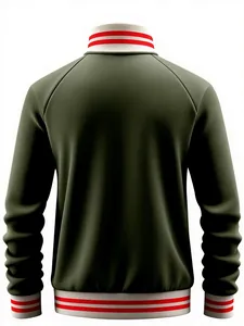 Back view of a men's army green sports jacket with striped ribbed collar and hem