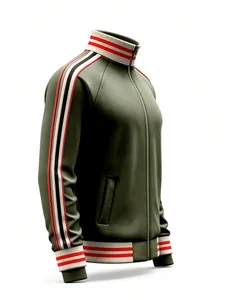 Detailed side view of a men's olive green track jacket featuring striped webbing