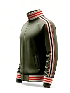 Detail view of men's olive track jacket with iconic side stripes and stand-up collar.