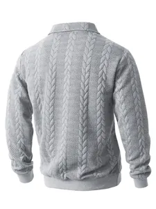 Detailed back view of gray men's cable knit polo sweater with ribbed trim details