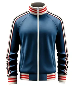 Detailed view of blue sporty jacket with tri-color striped ribbing and stand collar