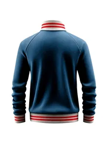 Back view of men's casual sports standing collar jacket with red and white stripes.