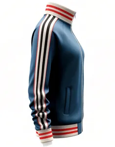 Detail view of the side profile and striped sleeve pattern on this blue men's sports jacket.