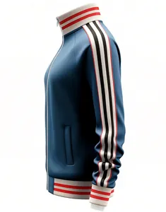 Detail view of men's athletic zip-up jacket with striped cuffs and sleeve webbing