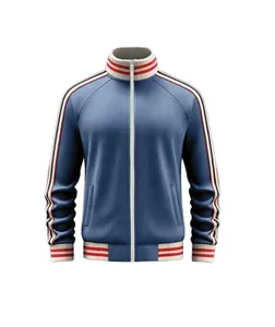 Detailed view of blue men's athletic zip-up jacket with red and white striped ribbing