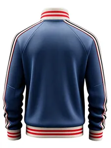 Detailed back view of a blue men's sports track jacket with red white striped ribbing