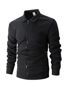 Close-up of men's black waffle knit zip-up jacket with polo collar and ribbed cuffs