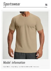 Khaki breathable quick-dry sports T-shirt with male model size and fit information