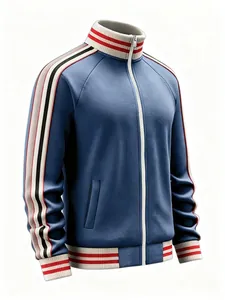 Detail of blue men's tracksuit jacket with striped stand collar and sleeve tape