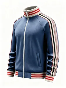 Detail view of blue men's sports jacket featuring stand-up collar and red striped trim