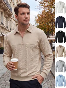 Men Half Zip Polo Shirt Jacquard Patchwork Cable Knit Long Sleeve Casual Lapel Polyester Pullover Top For Spring Autumn