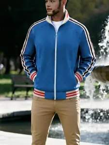 Men's Casual Sporty Stand Collar Jacket Striped Webbing Long Sleeve Zipper Sweatshirt For Autumn Winter Outerwear