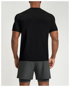 Back view of a black quick-dry men's sports t-shirt with breathable mesh fabric detail
