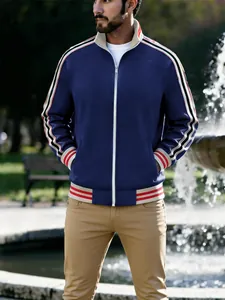 Men's navy blue casual sports jacket with striped ribbing details and stand collar