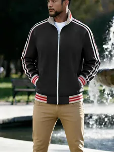 Stylish men's casual black zip-up sports jacket with red and white striped ribbed trim