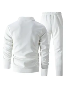 Detailed back view of men's white waffle knit tracksuit set with zipper jacket and pants